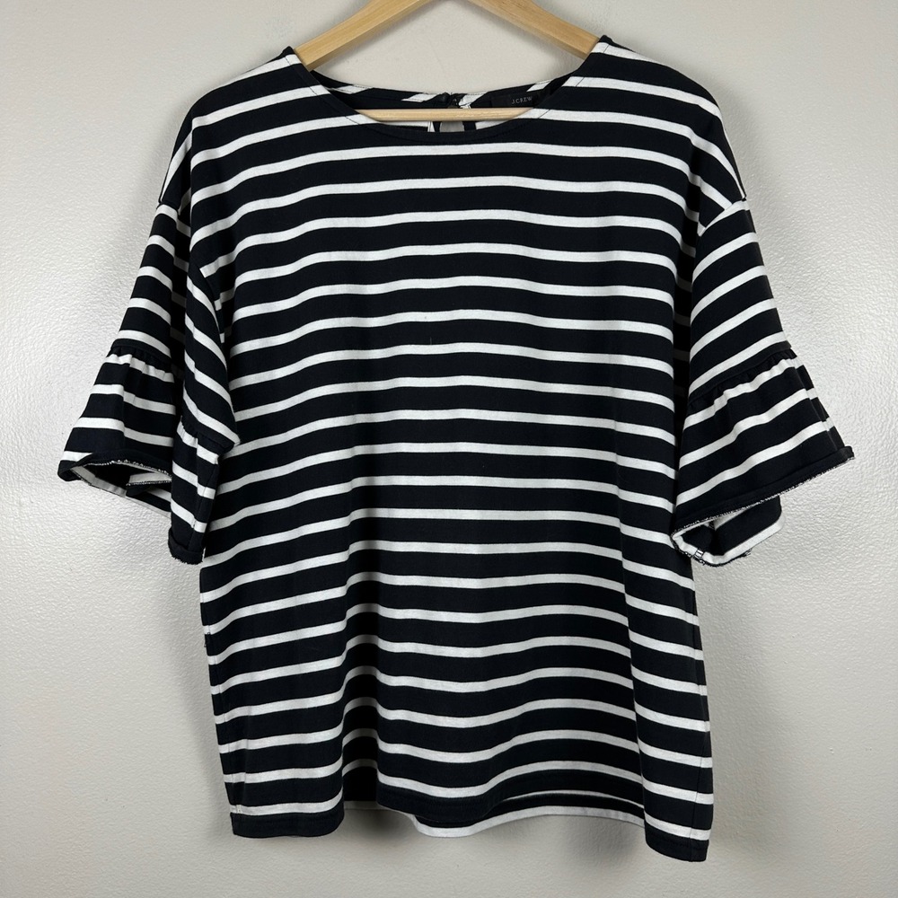 J.Crew Women's Small Top Black White Striped Ruffle Sleeve Preppy Casual